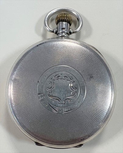 Lot 264 - Syren, Geneve - A George V Sterling silver half hunter pocket watch and chain with 2 fob medals