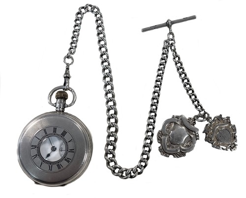 Lot 264 - Syren, Geneve - A George V Sterling silver half hunter pocket watch and chain with 2 fob medals