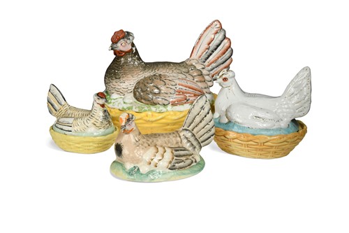 Lot 381 - Three Staffordshire chicken dishes