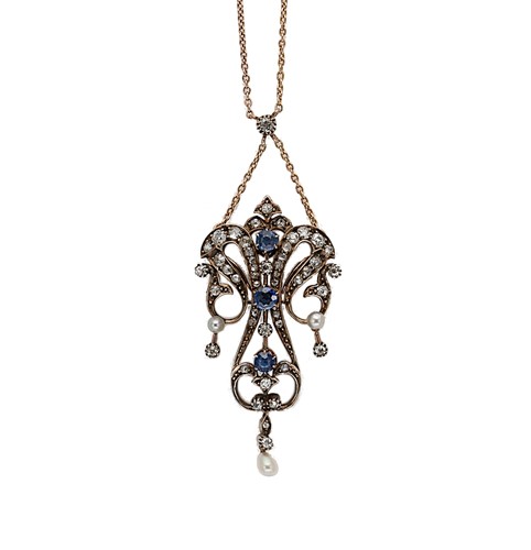 Lot 184 - An Art Nouveau sapphire, diamond and pearl necklace