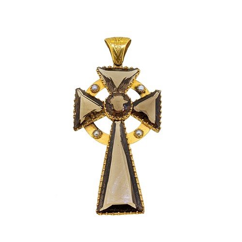 Lot 42 - A late Victorian smoky quartz and pearl Iona Celtic cross pendant