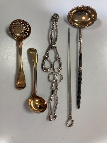 Lot 240 - A silver meat skewer, a silver punch ladle, a...