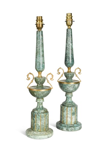 Lot 669 - A near pair of neoclassical green alabaster table lamps