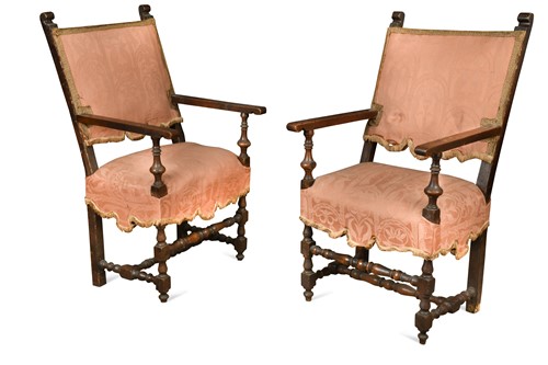 Lot 321 - A pair of Italian walnut open armchairs, 18th/ 19th century