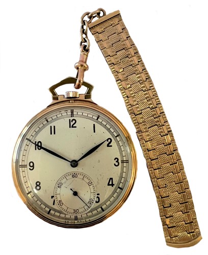 Lot 284 - Unsigned - A 9ct gold open faced dress pocket watch with decorative fob