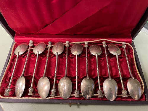 Lot 209 - Cased set of 12 silver coffee spoons with...