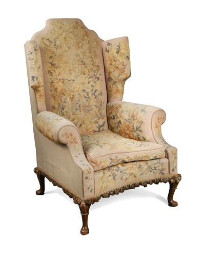Lot 598 - A Queen Anne style walnut framed wingback armchair, 19th century