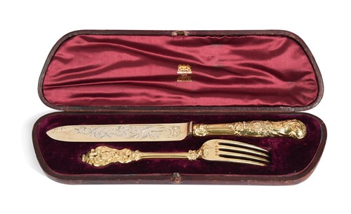 Lot 577A - A Victorian silver gilt cased presentation fork and knife, a possible gift to Prince Albert