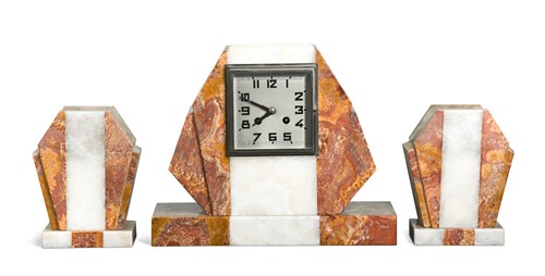 Lot 135 - An Art Deco marble clock garniture