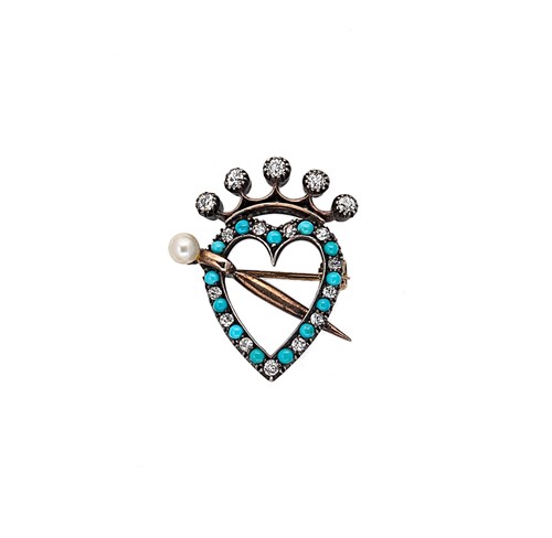 Lot 52 - A turquoise, pearl and diamond crowned heart brooch