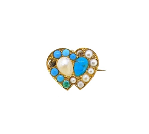 Lot 54 - A pearl and turquoise double heart brooch