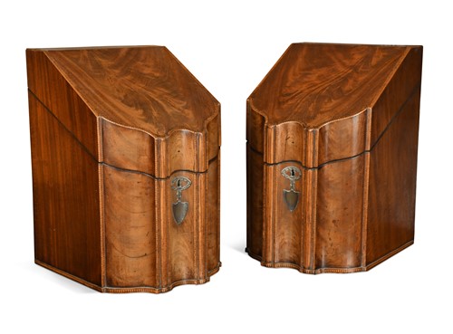 Lot 771 - A pair of George III mahogany knife boxes with silver mounts