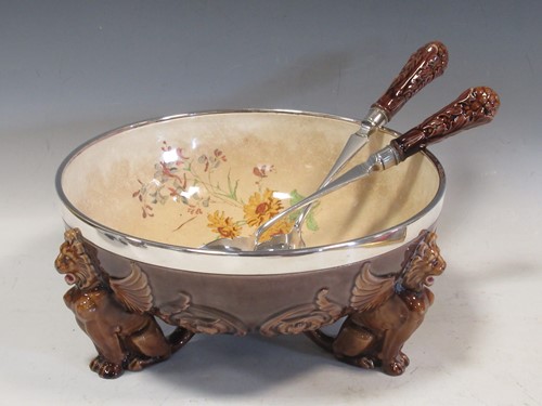 Lot 17 - A Majolica fruit bowl with pair of servers