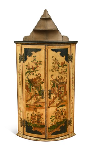 Lot 591 - A George III style yellow painted chinoiserie corner cupboard