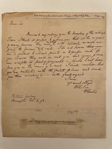 Lot 317 - CURTIS (William; 1746-1799) Letter to an...