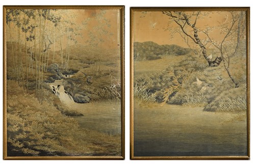 Lot 145 - A pair of Japanese silk embroidered pictures, circa 1890