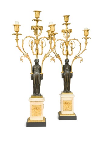 Lot 781 - A pair of Louis XVI style bronze and ormolu candelabra in the manner of Pierre-Philippe Thomire (1751-1843)