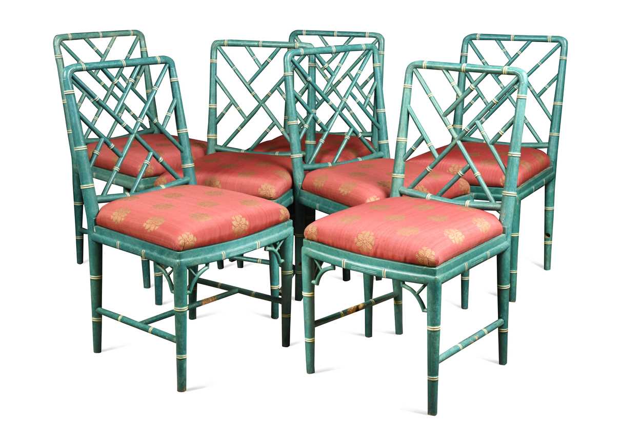 Lot 740 - A set of seven turquoise faux bamboo 'Cockpen' dining chairs, 20th century