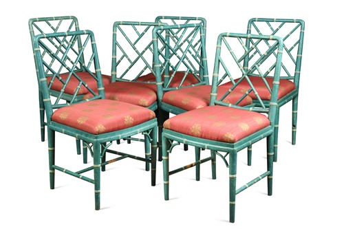 Lot 740 - A set of seven turquoise faux bamboo 'Cockpen' dining chairs, 20th century
