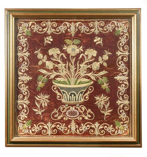 Lot 530 - A red velvet stumpwork needlework picture, 19th century