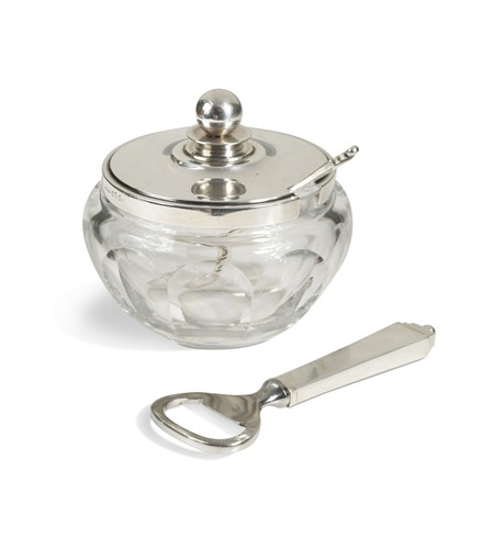 Lot 107 - Harald Nielsen for Georg Jensen (1866-1935), a silver mounted preserve pot and spoon, pattern no. 600