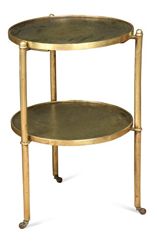 Lot 743 - A brass and leather two-tier étagère, 20th century