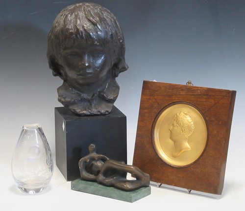 Lot 80 - After Rodin, a bronzed child's head on stand...