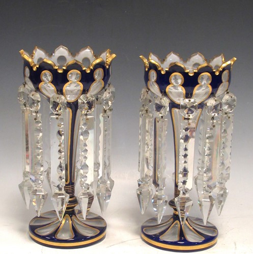 Lot 61 - A pair of blue flash lustres 25cm high, (2)