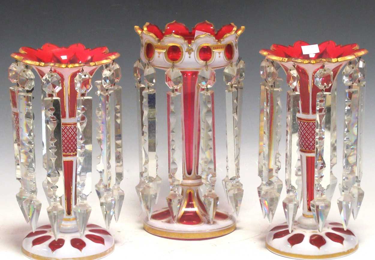 Lot 74 - A pair of ruby flash lustres 28.5cm high and a...