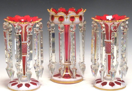 Lot 74 - A pair of ruby flash lustres 28.5cm high and a...