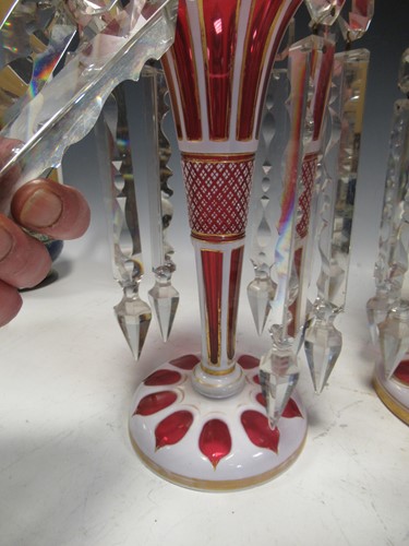 Lot 74 - A pair of ruby flash lustres 28.5cm high and a...