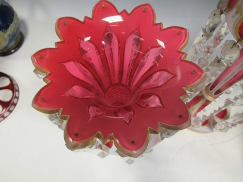 Lot 74 - A pair of ruby flash lustres 28.5cm high and a...