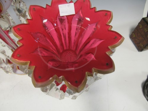 Lot 74 - A pair of ruby flash lustres 28.5cm high and a...