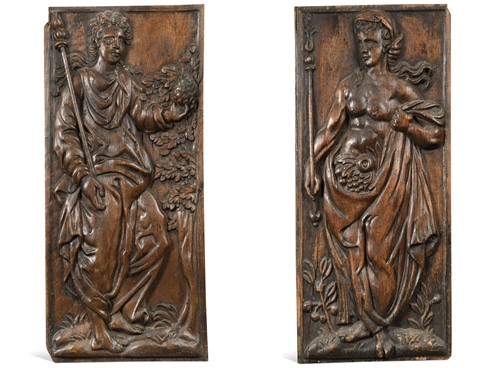 Lot 537 - A pair of carved walnut panels,  French, 16th century