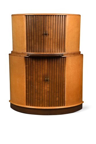 Lot 232 - An Art Deco birdseye maple and walnut bow front cocktail cabinet