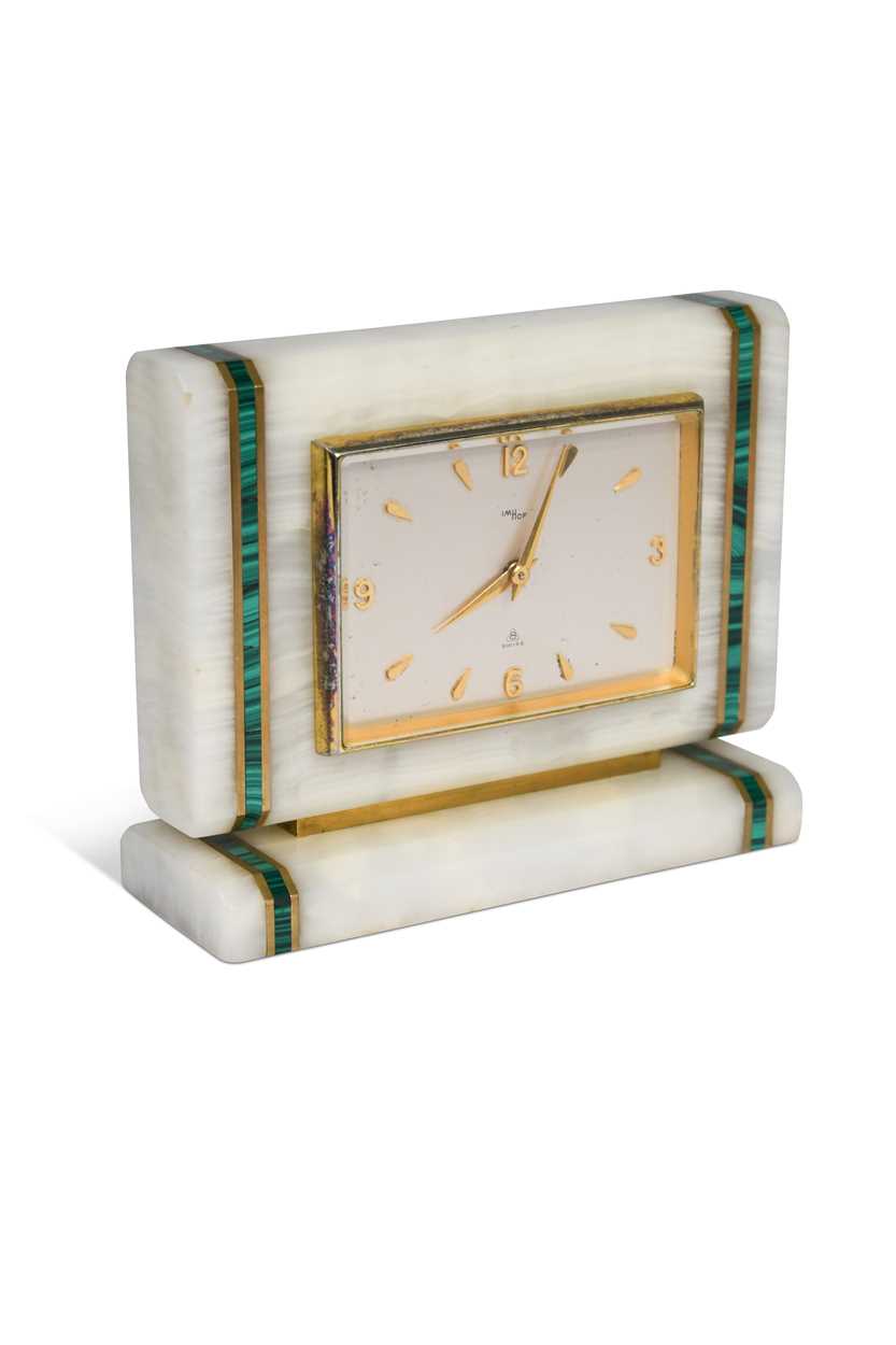 Lot 133 - Imhof, an Art Deco onyx, malachite, and gilt brass mounted mantel clock
