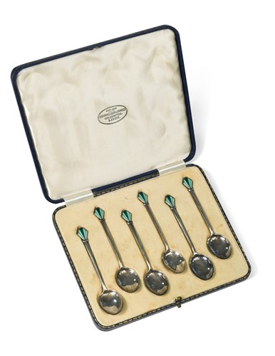 Lot 100 - A cased set of six silver and enamel teaspoons by William Hair Haseler