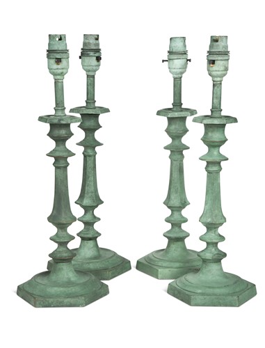 Lot 711 - Two pairs of brass-verdigris candlesticks, circa 1900