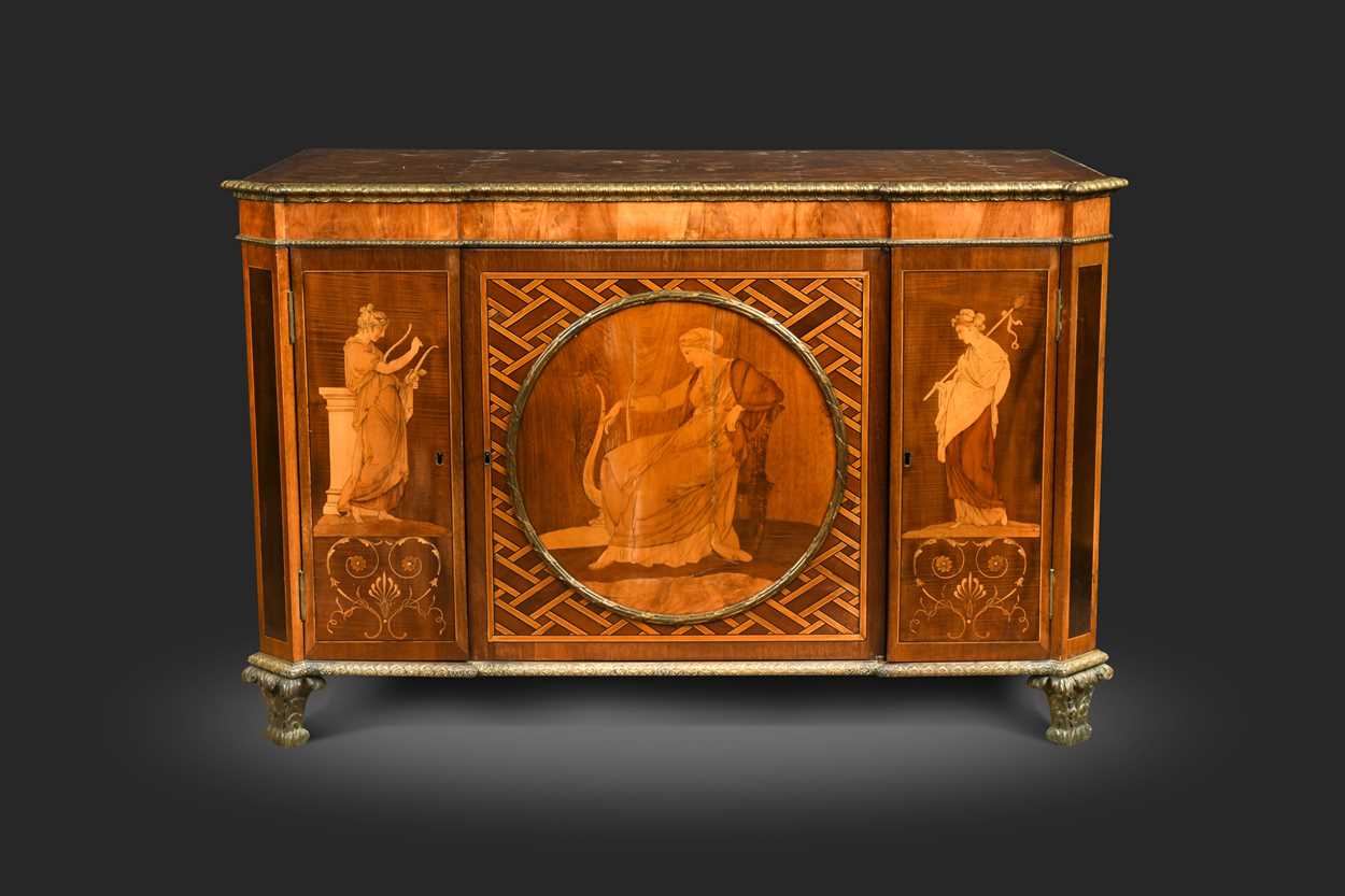 Lot 729 - A George III ormolu-mounted mahogany, amaranth, harewood and marquetry breakfront cabinet