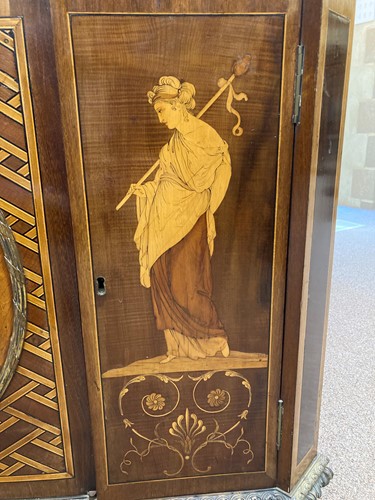 Lot 729 - A George III ormolu-mounted mahogany, amaranth, harewood and marquetry breakfront cabinet