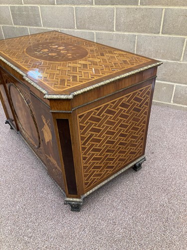 Lot 729 - A George III ormolu-mounted mahogany, amaranth, harewood and marquetry breakfront cabinet