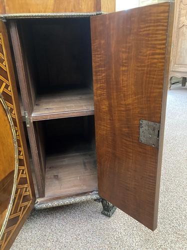 Lot 729 - A George III ormolu-mounted mahogany, amaranth, harewood and marquetry breakfront cabinet