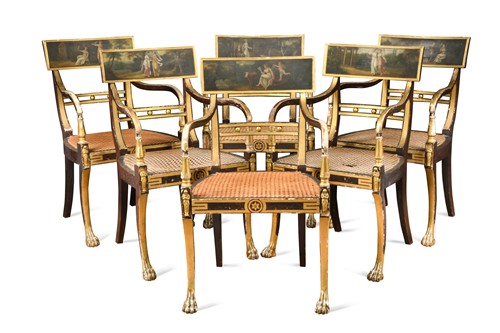Lot 782 - A set of six Regency simulated rosewood parcel-gilt and painted open armchairs