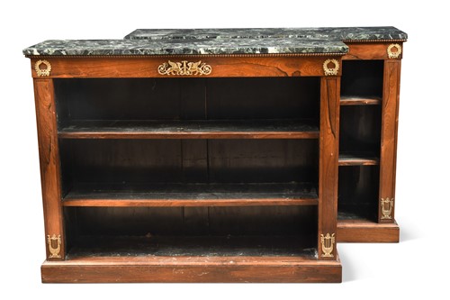 Lot 721 - A pair of Empire rosewood and ormolu mounted open bookcases, circa 1825