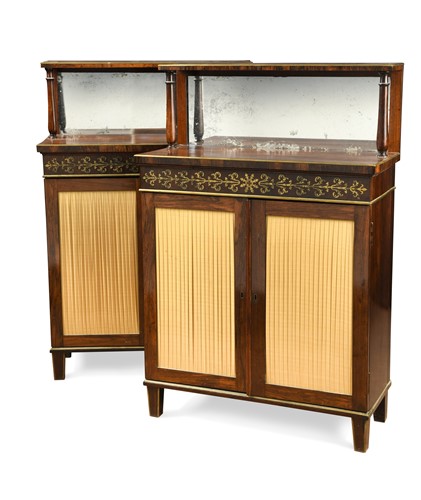 Lot 822 - A pair of Regency rosewood and brass inlaid chiffoniers