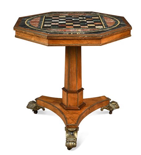 Lot 764 - A rosewood and parcel gilt specimen marble topped chess table, 19th century