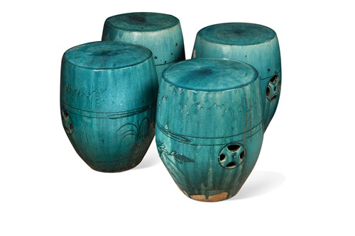 Lot 67 - Two pairs of Shiwan pottery barrel seats, Guangzhou, circa 1900