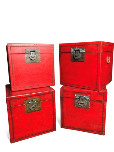 Lot 117 - A set of four Chinese red vellum effect square document boxes, 20th century