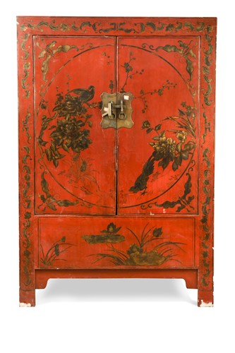 Lot 116 - A Chinese scarlet lacquer marriage wardrobe, early Republic