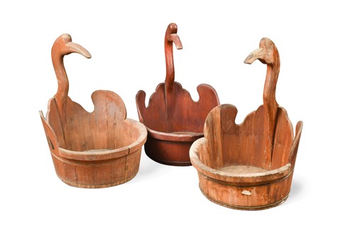 Lot 105 - A group of three Chinese crane head handled water bowls, late Qing Dynasty